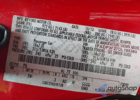 2013 Ford Focus Se из США, поврежденный, VIN 1FADP3F27DL185360